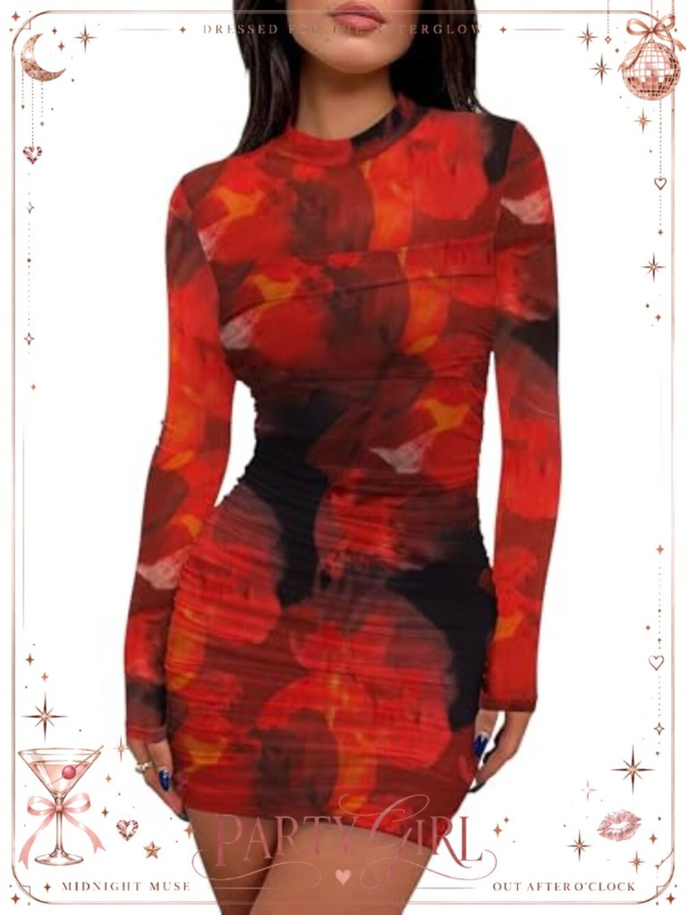 Womens Mesh Sheer Long Sleeve Ruched Mini Dress Bodycon Party Club Cocktail